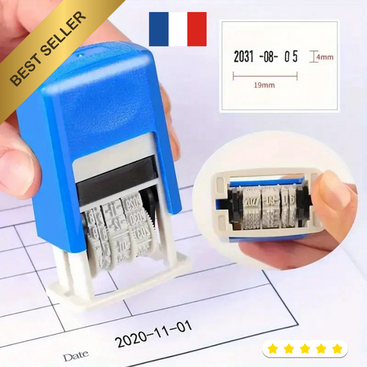 Tampon jour mois année a rouleau avec manche et base pour loisirs bleu