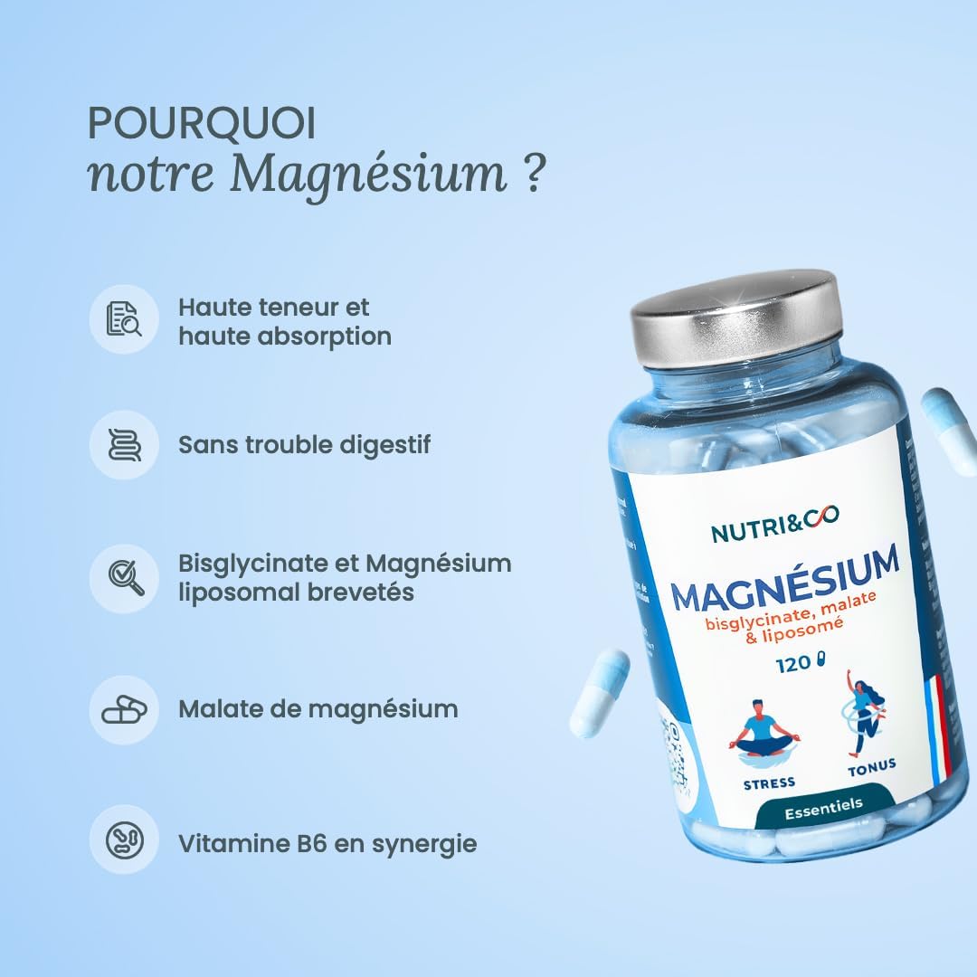NUTRI&CO Magnésium Bisglycinate Malate & Liposome vitamine B6 | 120 Gélules