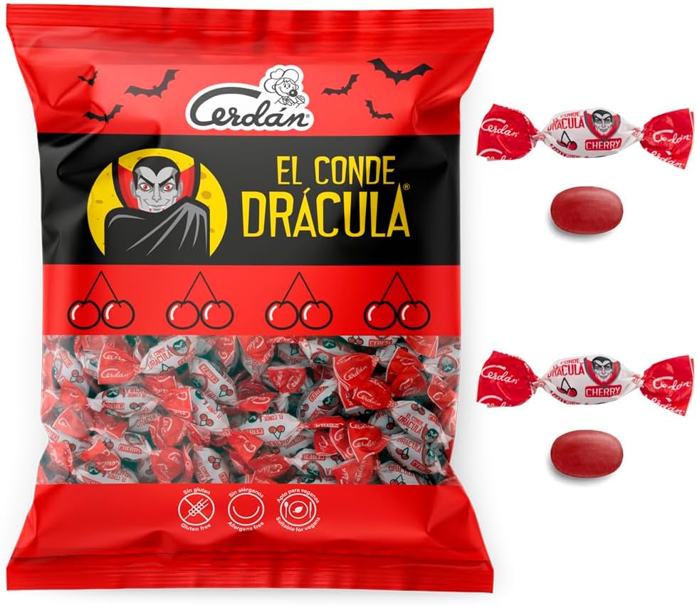 Caramelos Cerdán - Bonbons Dur Dracula Goût de Cerise | Sans Gluten et Sans Allergènes | Fêtes & Halloween | Sac 150 Bonbons - 500g