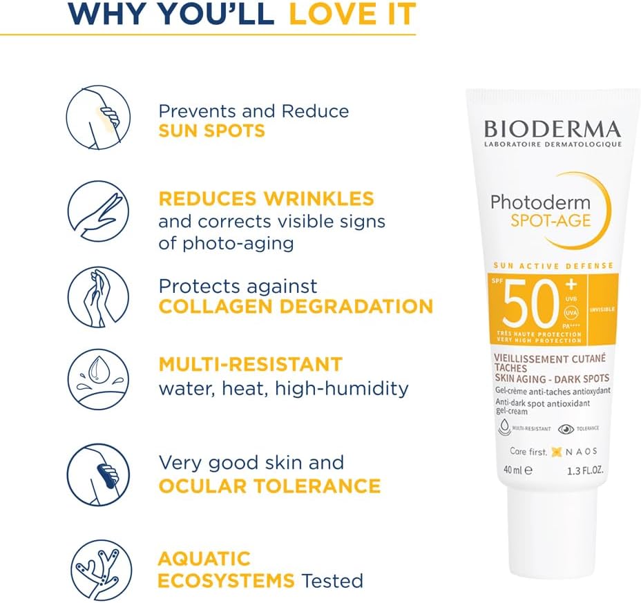 BIODERMA Photoderm Spot-Age SPF50+ Crème solaire très haute protection - Riche en antioxydants, réduit taches brunes et rides - Peaux hyperpigmentées - Recommandée par des dermatologues - Tube 40 ml