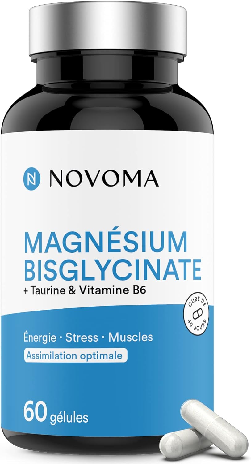 NOVOMA Magnésium Bisglycinate 300 mg + Taurine & Vitamine B6 - Fatigue et Système Nerveux - 60 gélules pour 20 jours - Magnésium Haute Absorption - Fabriqué en France