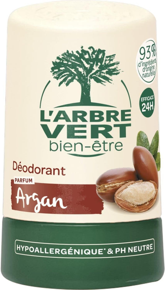 L'Arbre Vert – Déodorant Roll-On Hypoallergénique, Doux Argan & Hamamélis, Protection Naturelle (Roll-on) – Pack de 3 – Vendu par pack