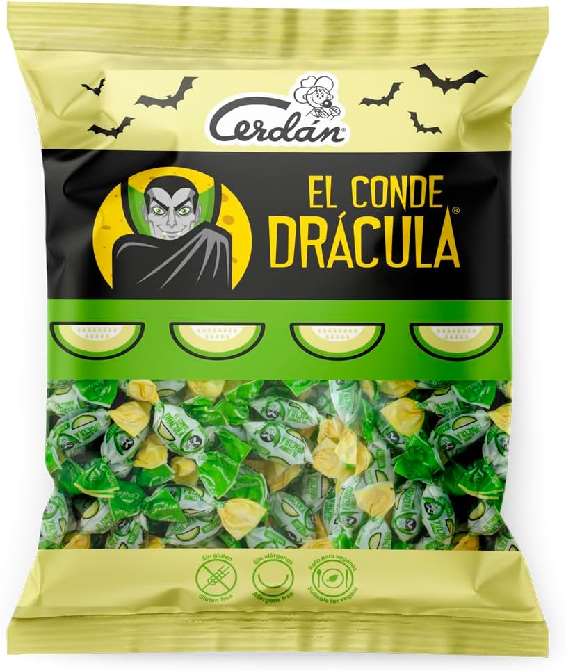Caramelos Cerdán - Bonbons Dur Dracula Goût de Melon | Sans Gluten et Sans Allergènes | Fêtes & Halloween | Sac 225 Bonbons - 750 g
