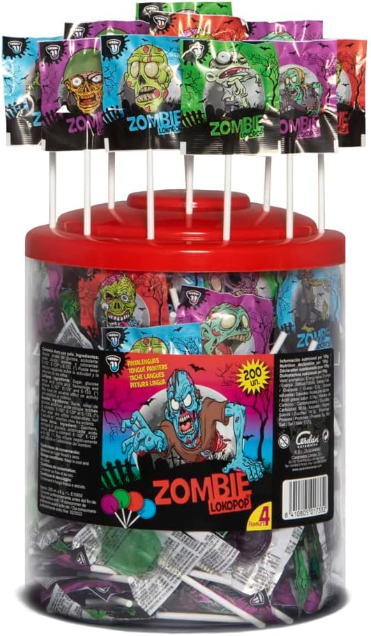 Caramelos Cerdán - Sucettes Zombie Tâche Langues | Différents Saveurs | Sans Gluten ni allergènes | Fêtes & Halloween | Pot 200 pièces