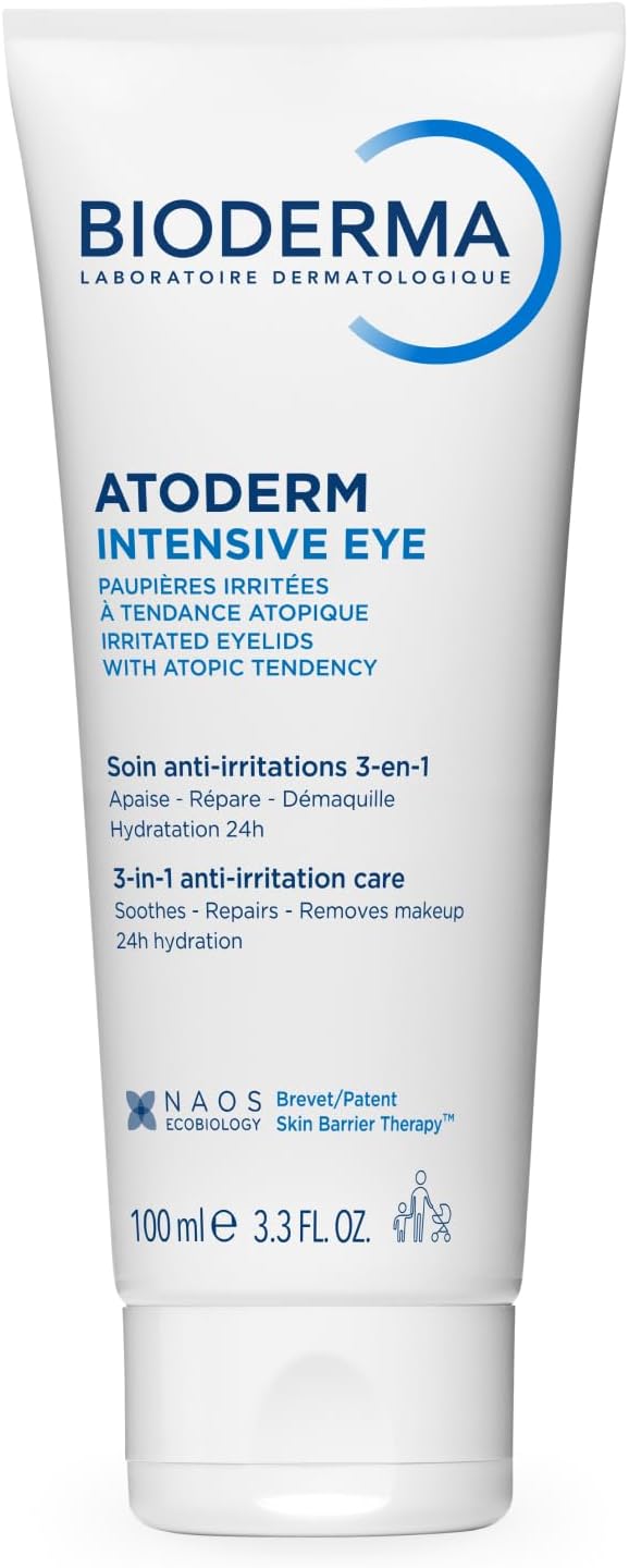 BIODERMA Atoderm Intensive Eye - Soin 3-en-1 démaquillant, apaisant et réparateur des paupières - Bonne base de maquillage - Peaux très sèches, irritées à tendance atopique - Tube 100 ml