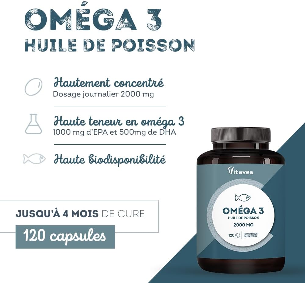 Oméga 3 2000mg - EPA 1000mg DHA 500mg - Cerveau & Vision - 4 Mois