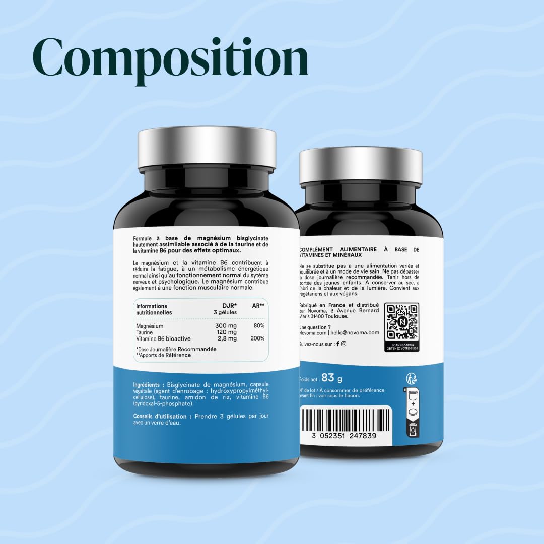 NOVOMA Magnésium Bisglycinate 300 mg + Taurine & Vitamine B6 - Fatigue et Système Nerveux - 60 gélules pour 20 jours - Magnésium Haute Absorption - Fabriqué en France