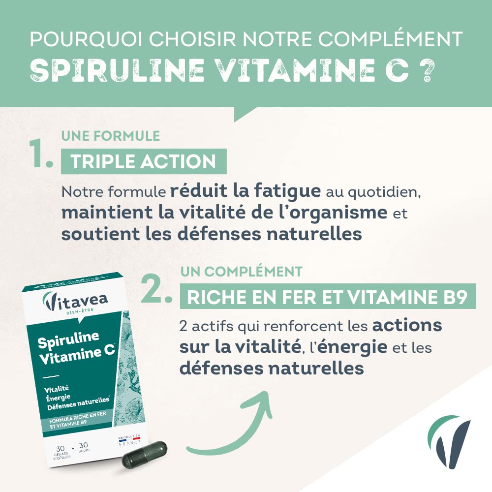 Vitavea Bien-être - Spiruline Vitamine C Fer & B9 Vitalité - 45 jours