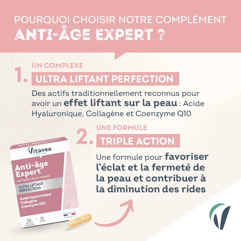 Vitavea - Antiedad/Arrugas Expert Ultra Lifting - Complemento Alimenticio Luminosidad, Firmeza - Ácido Hialurónico, Colágeno, Coenzima Q10, Zinc - 30 cápsulas - Tratamiento de 15 días - Fabricado en Francia