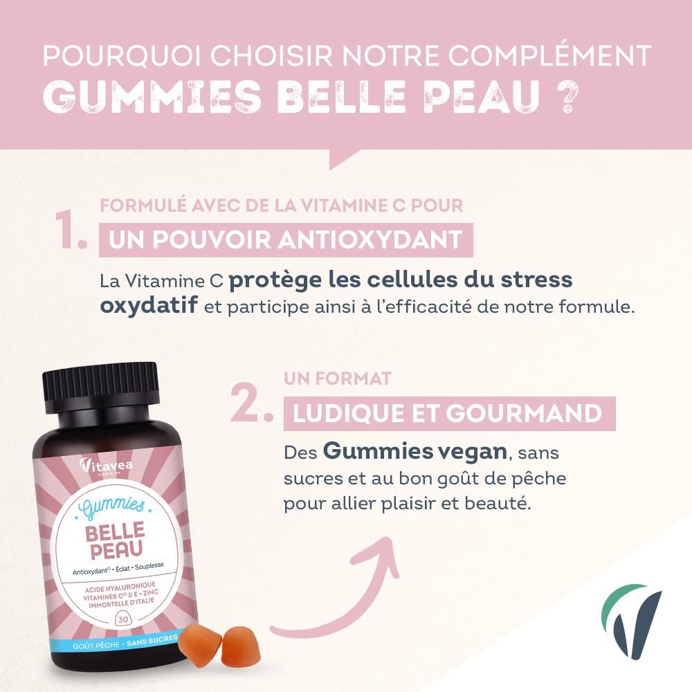 VITAVEA BIEN-ETRE - Gummies Belle Peau - Acide hyaluronique, Vitamine C, Vitamine E, Zinc et Immortelle d'Italie - Triple action : Antioxydant, éclat, souplesse de la peau - 30 Gummies - Goût pêche