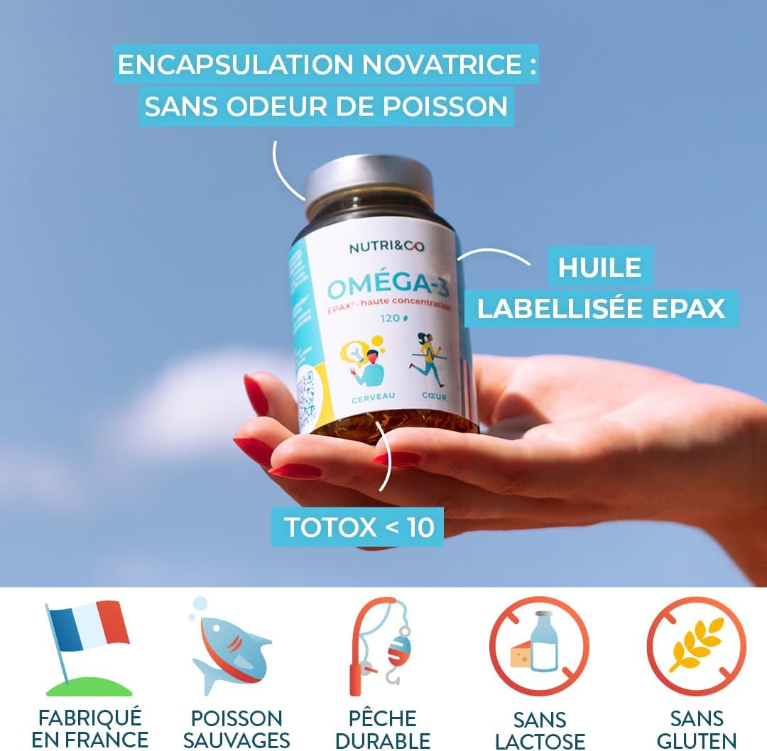 NUTRI&CO Omega 3 Huile de Poisson EPAX® EPA DHA | Cerveau Vision | 120 Caps