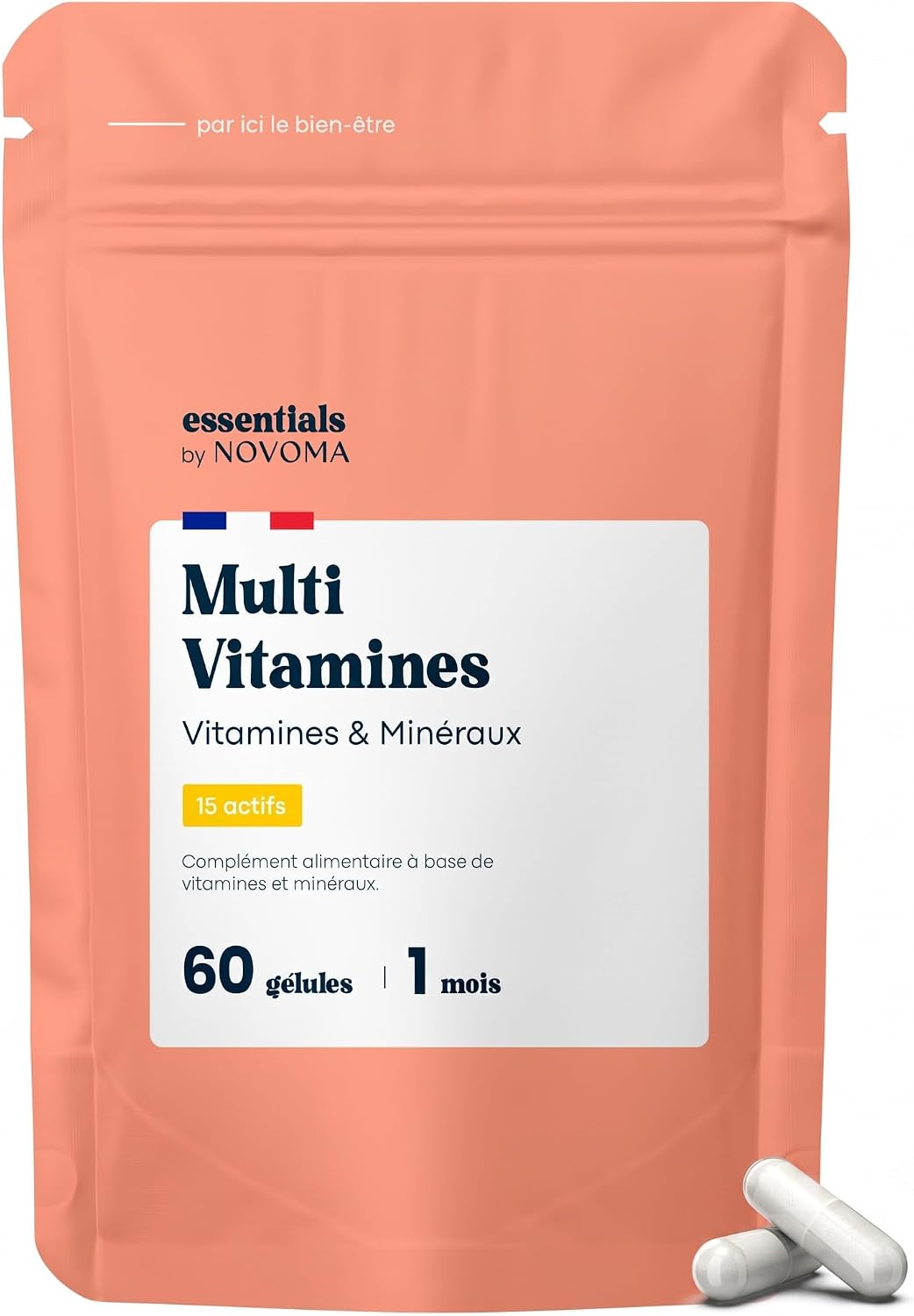 Multivitamines et Minéraux, 15 Nutriments Essentiels, Vitamines A B C D E + Magnésium & Zinc, Immunité & Énergie, 60 gélules Vegan, Cure de 1 mois, Fabriqué en France, Essentials by Novoma