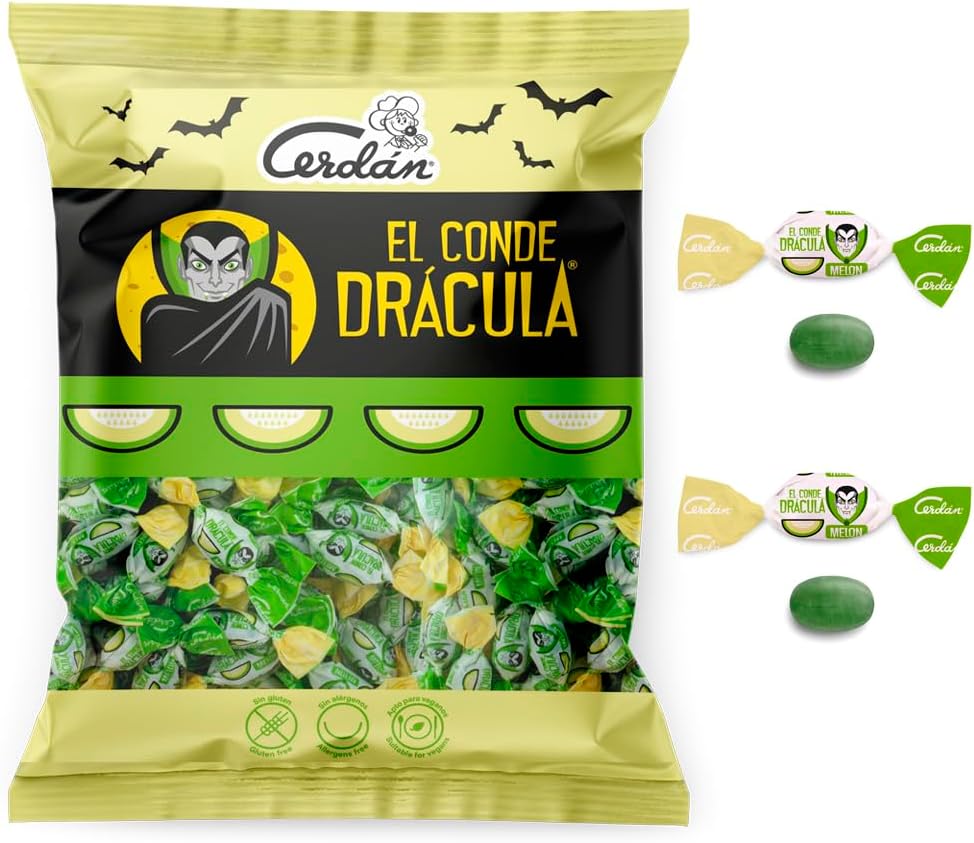 Caramelos Cerdán - Bonbons Dur Dracula Goût de Melon | Sans Gluten et Sans Allergènes | Fêtes & Halloween | Sac 225 Bonbons - 750 g