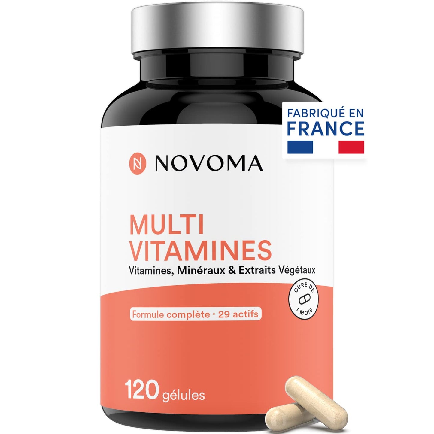 Multivitamines et Minéraux, 15 Nutriments Essentiels, Vitamines A B C D E + Magnésium & Zinc, Immunité & Énergie, 60 gélules Vegan, Cure de 1 mois, Fabriqué en France, Essentials by Novoma