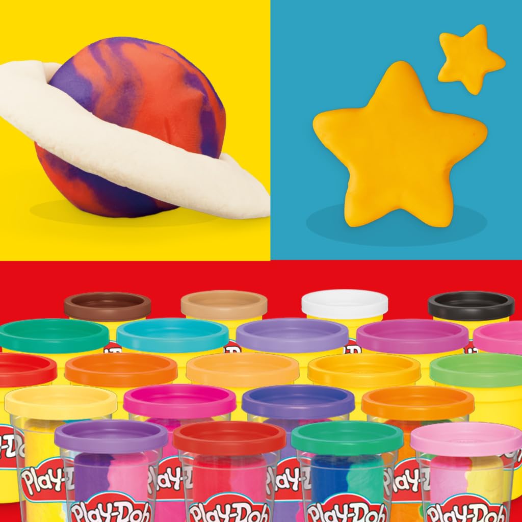 Play-Doh, La fête des Couleurs, Loisirs créatifs avec pâte à Modeler pour Filles et Garçons dès 3 Ans, 24 Pots de 56 g, 6 Couleurs, Idèe Cadeaux pour Anniversaires
