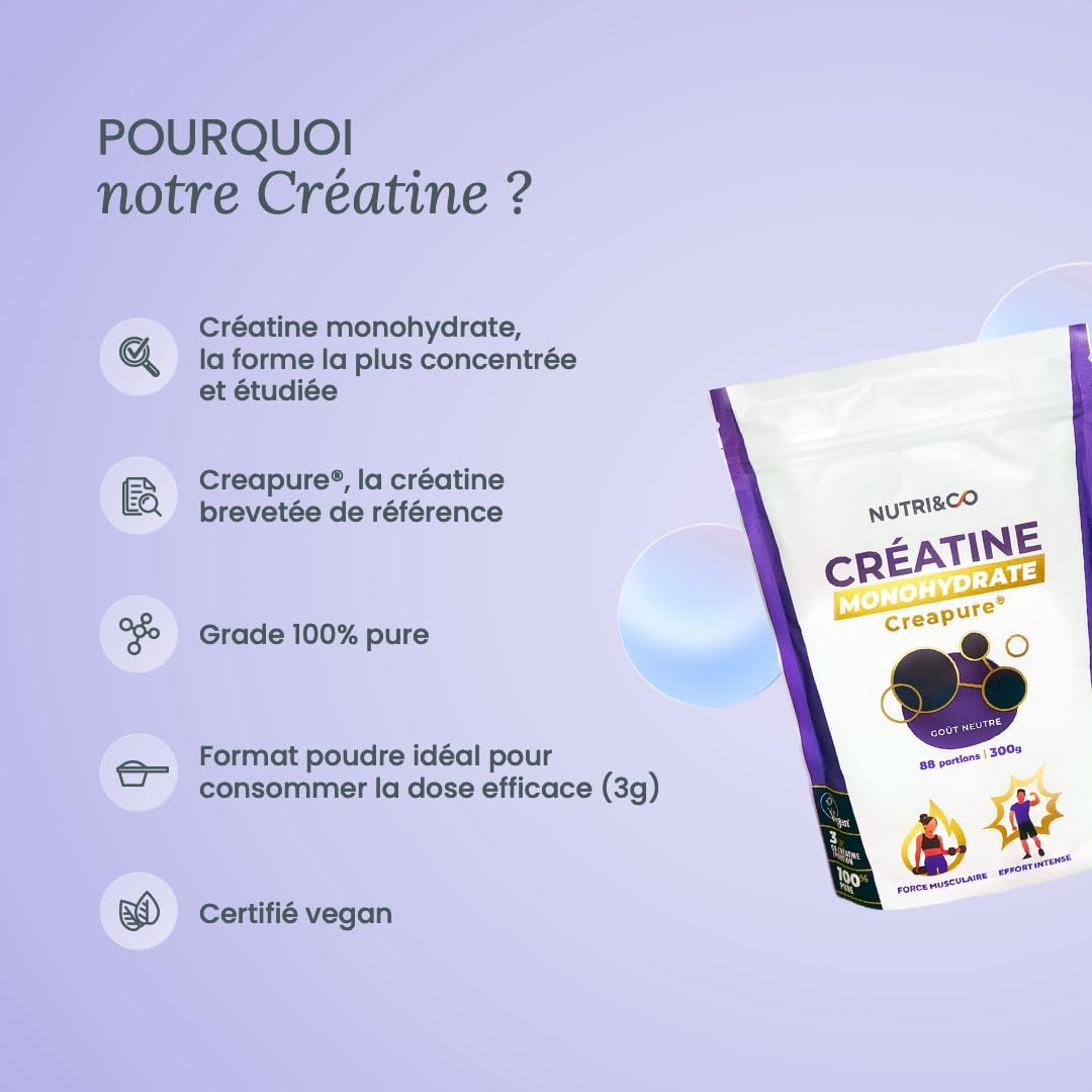NUTRI&CO Créatine Monohydrate Creapure® 100% Pure | Poudre | 300g Neutre