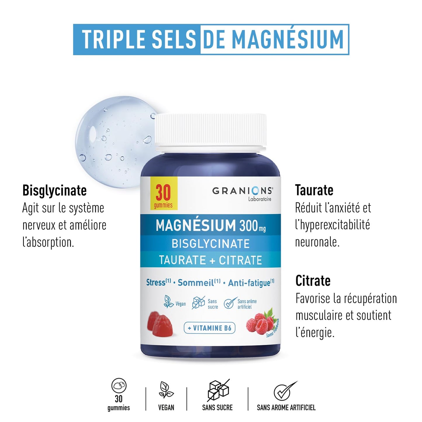 GRANIONS Magnesium Bisglycinate 360 MG - Magnesium Bisglycinate Haute Assimilation + Vitamine B6 - Anti Stress Adulte, Anti Fatigue Puissant - Sans Sucre & Vegan - 10 Shots - Goût Framboise