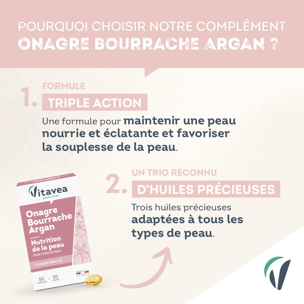 Vitavea Bien-être - Onagre Bourrache - 2 Huiles, Beauté Peau - Cure 2 mois