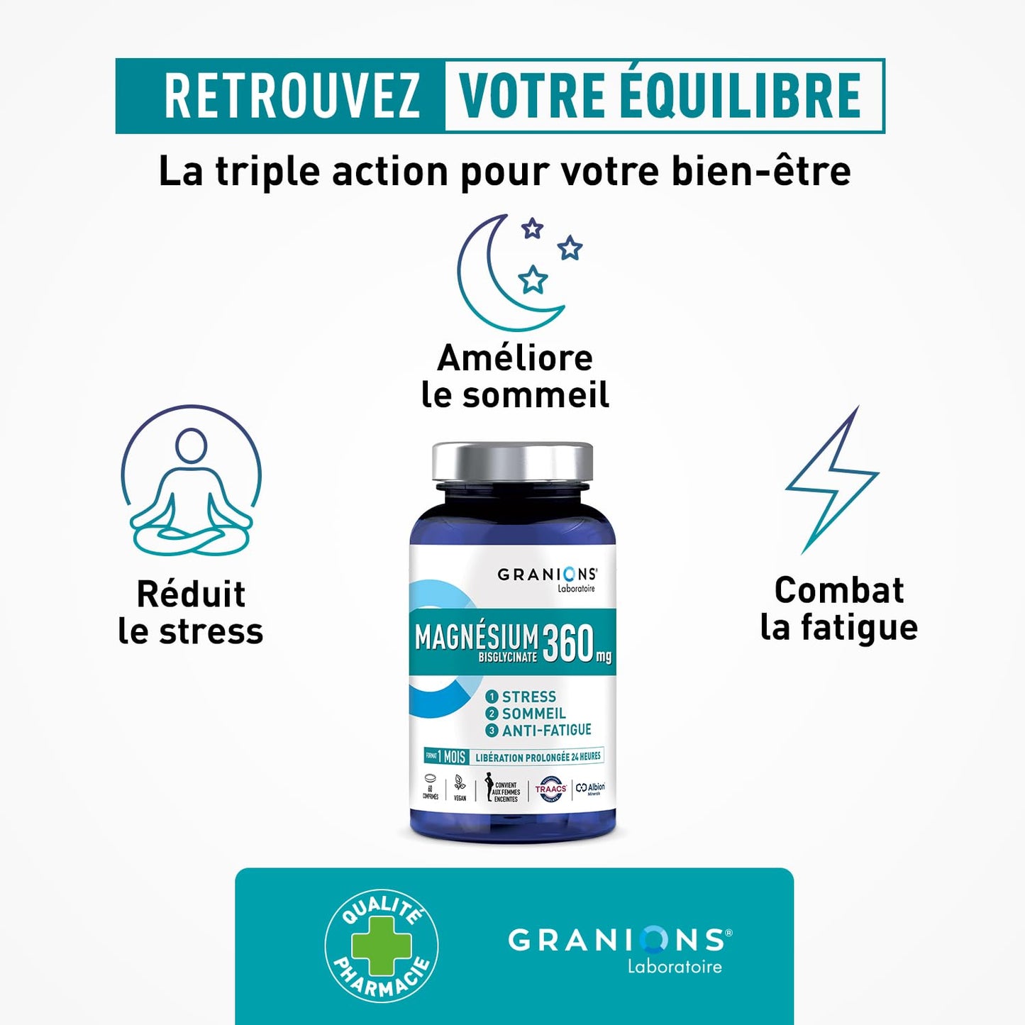 GRANIONS Magnesium Bisglycinate 360 MG - Magnesium Bisglycinate Haute Assimilation + Vitamine B6 - Anti Stress Adulte, Anti Fatigue Puissant - Sans Sucre & Vegan - 10 Shots - Goût Framboise