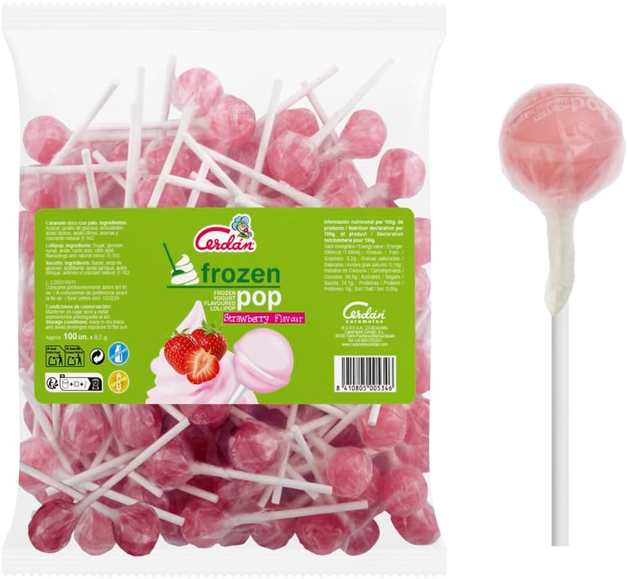 Caramelos Cerdán - Sucette au goût yaourt à la fraise Frozen Pop | Bonbon dur sans gluten ni allergènes | Sachet de 100 unités | Idéal pour fêtes, événements et anniversaires