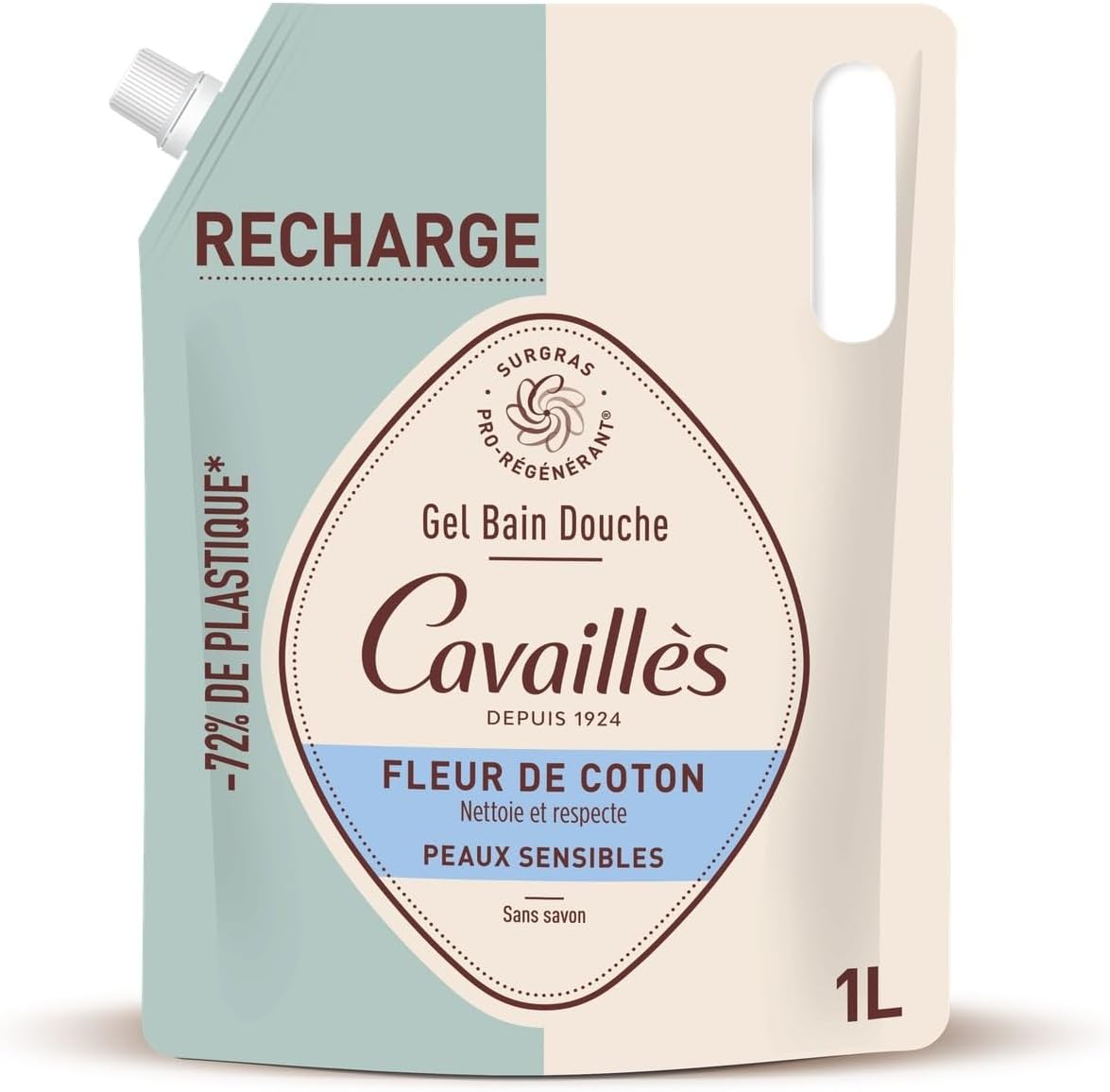 ROGE CAVAILLES Gel de Baño y Ducha Enriquecido Vegetal Pro-regenerador Flor de Algodón Sin Jabón - Envase de 1L - Lote de 2