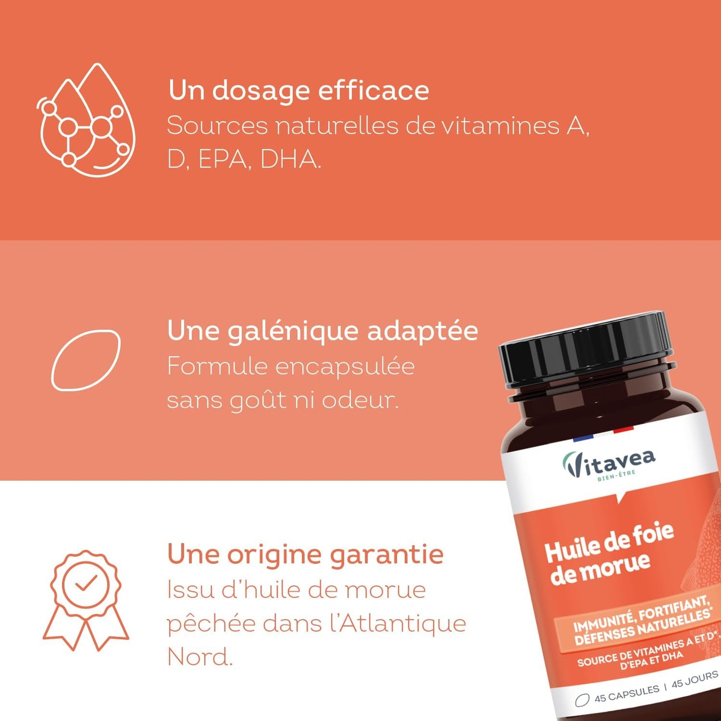 Vitavea Bien-être - Aceite de hígado de Bacalao - Inmunidad, Omega 3-45 días