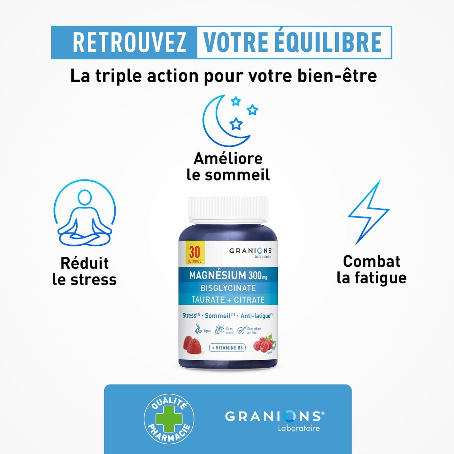 GRANIONS Magnesium Bisglycinate 360 MG - Magnesium Bisglycinate Haute Assimilation + Vitamine B6 - Anti Stress Adulte, Anti Fatigue Puissant - Sans Sucre & Vegan - 10 Shots - Goût Framboise