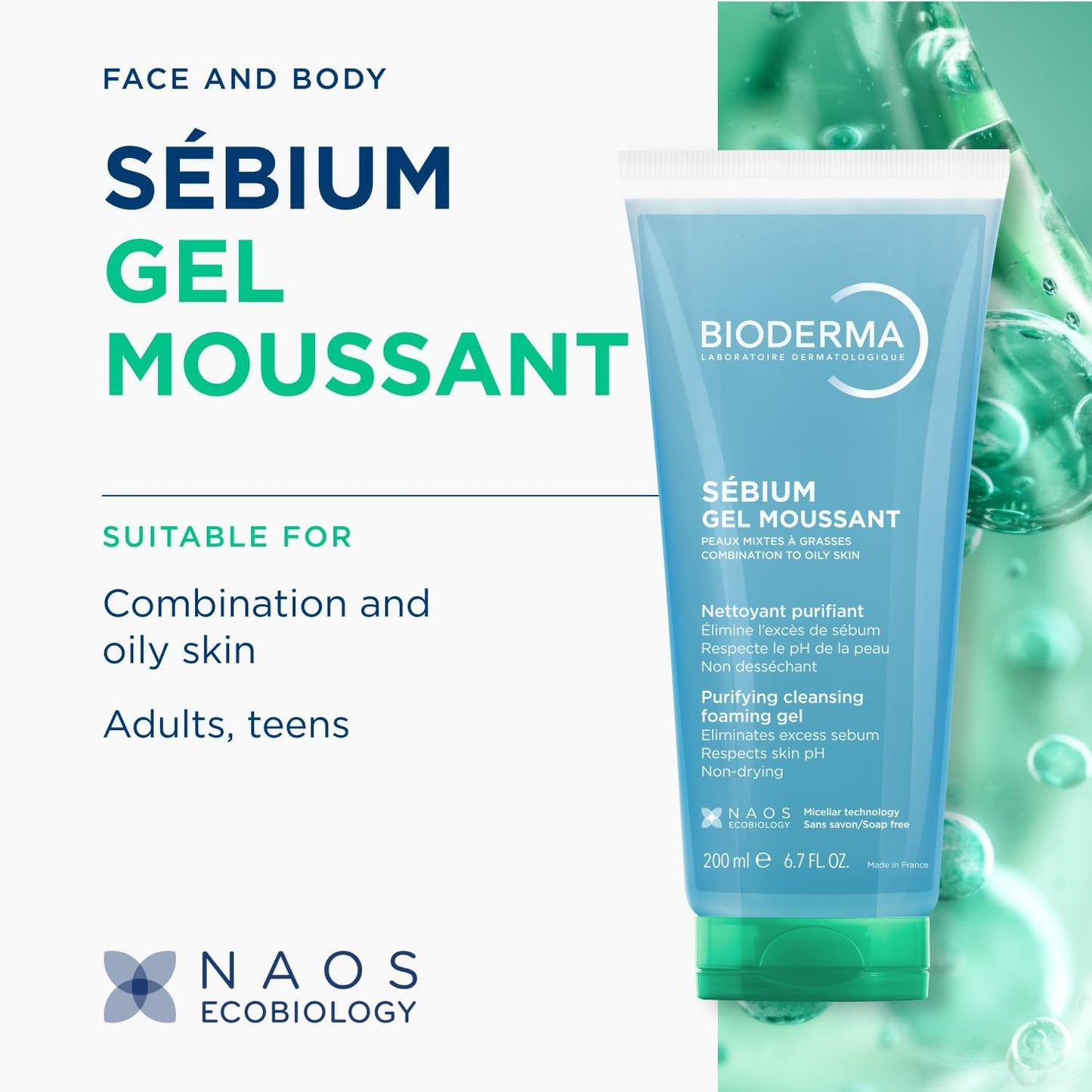 SÉBIUM Gel moussant 200ml | Nettoie et purifie en douceur – Limite la sécrétion du sébum | Peaux sensibles mixtes à grasses