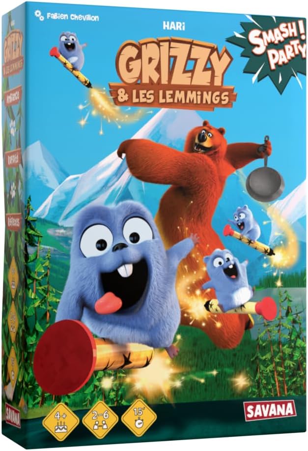SAVANA - Smash Party | Grizzy et Les Lemmings, Jeu de société coopératif Familial pour Enfants de 4 Ans et Plus | Course, dés et Collection, 2-6 Joueurs, 15 Min, inspiré de la série animée.