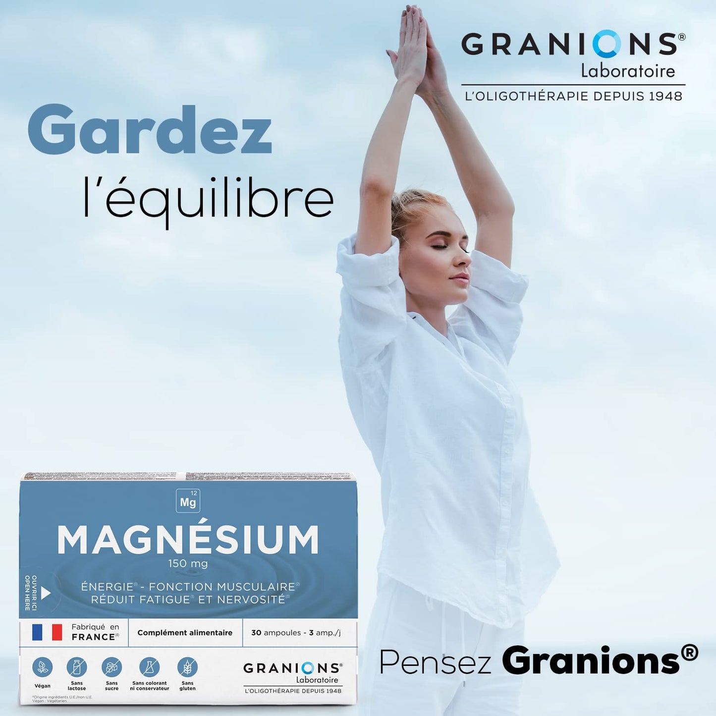 GRANIONS Magnesium Bisglycinate 360 MG - Magnesium Bisglycinate Haute Assimilation + Vitamine B6 - Anti Stress Adulte, Anti Fatigue Puissant - Sans Sucre & Vegan - 10 Shots - Goût Framboise