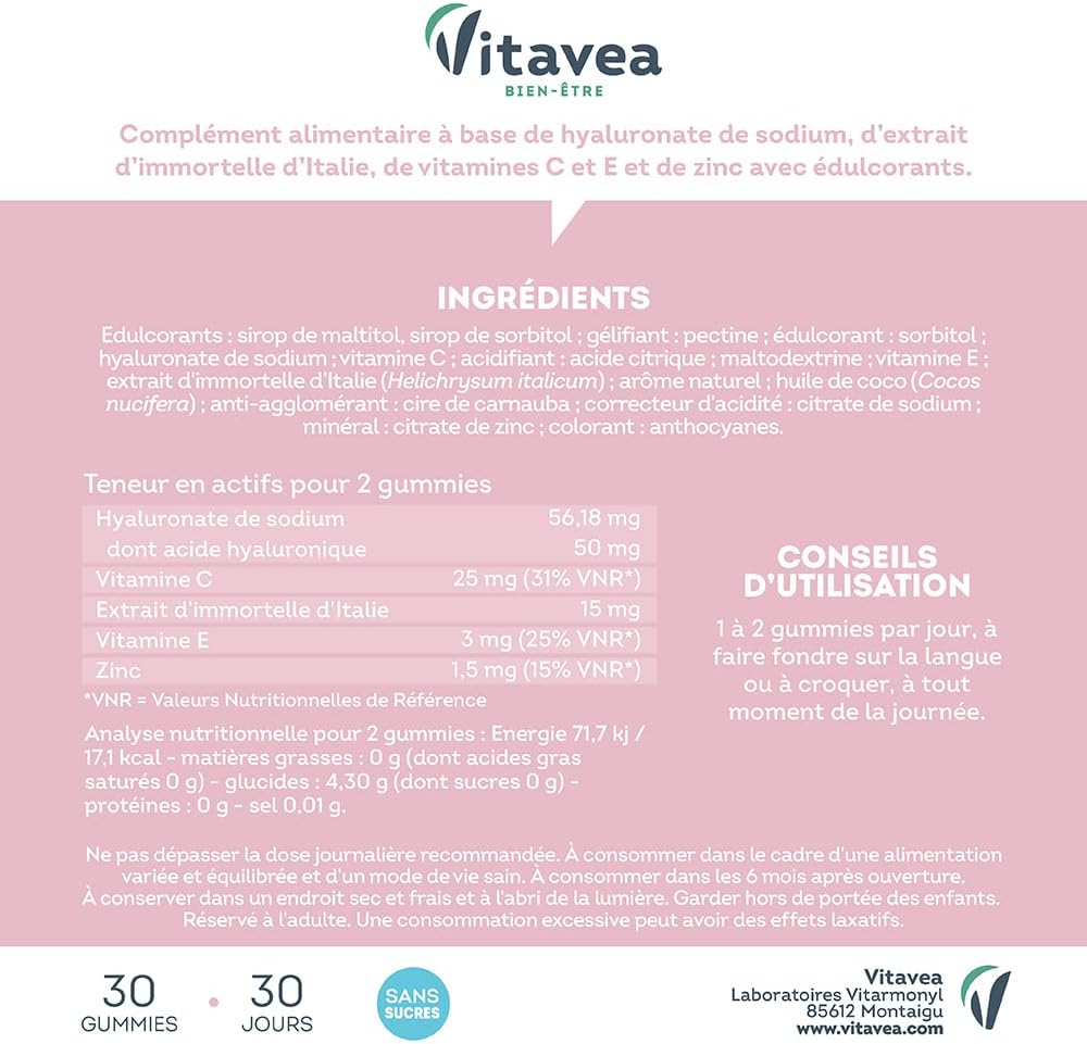 VITAVEA BIEN-ETRE - Gummies Belle Peau - Acide hyaluronique, Vitamine C, Vitamine E, Zinc et Immortelle d'Italie - Triple action : Antioxydant, éclat, souplesse de la peau - 30 Gummies - Goût pêche