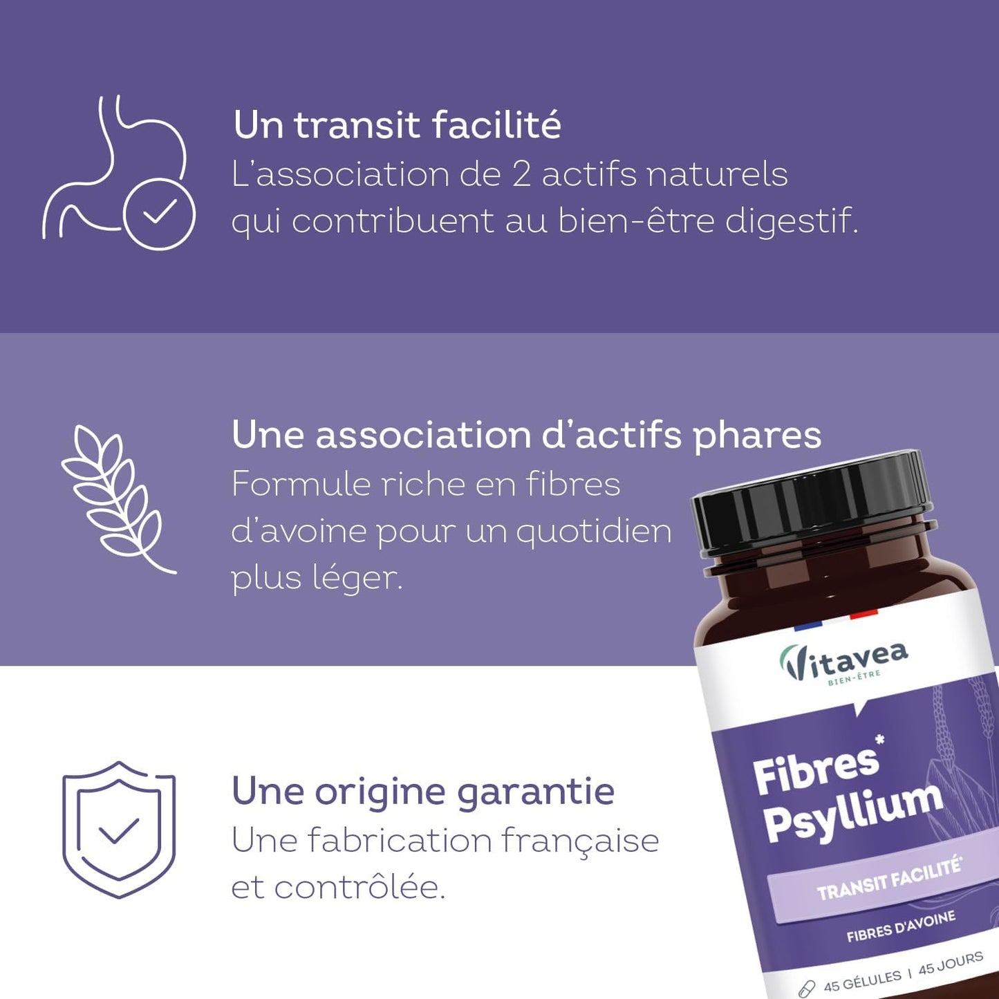 Vitavea Bien-être - Fibres Psyllium & Avoine - Transit - Cure 45 jours