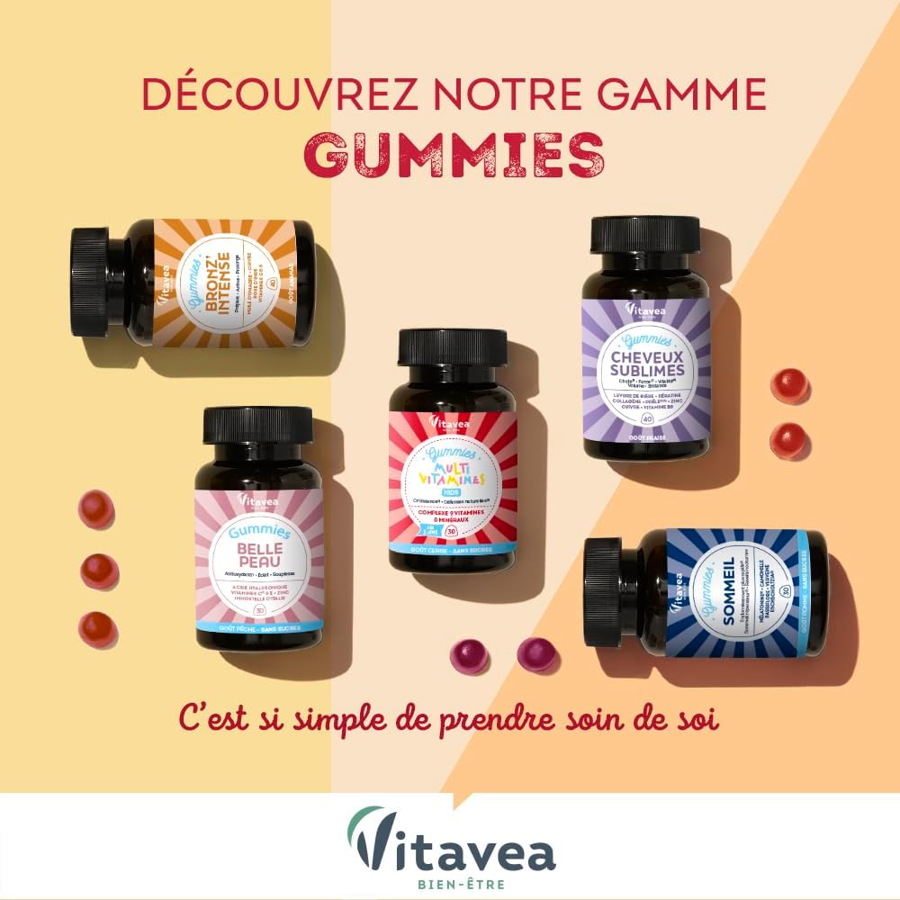 VITAVEA BIEN-ETRE - Gummies Belle Peau - Acide hyaluronique, Vitamine C, Vitamine E, Zinc et Immortelle d'Italie - Triple action : Antioxydant, éclat, souplesse de la peau - 30 Gummies - Goût pêche
