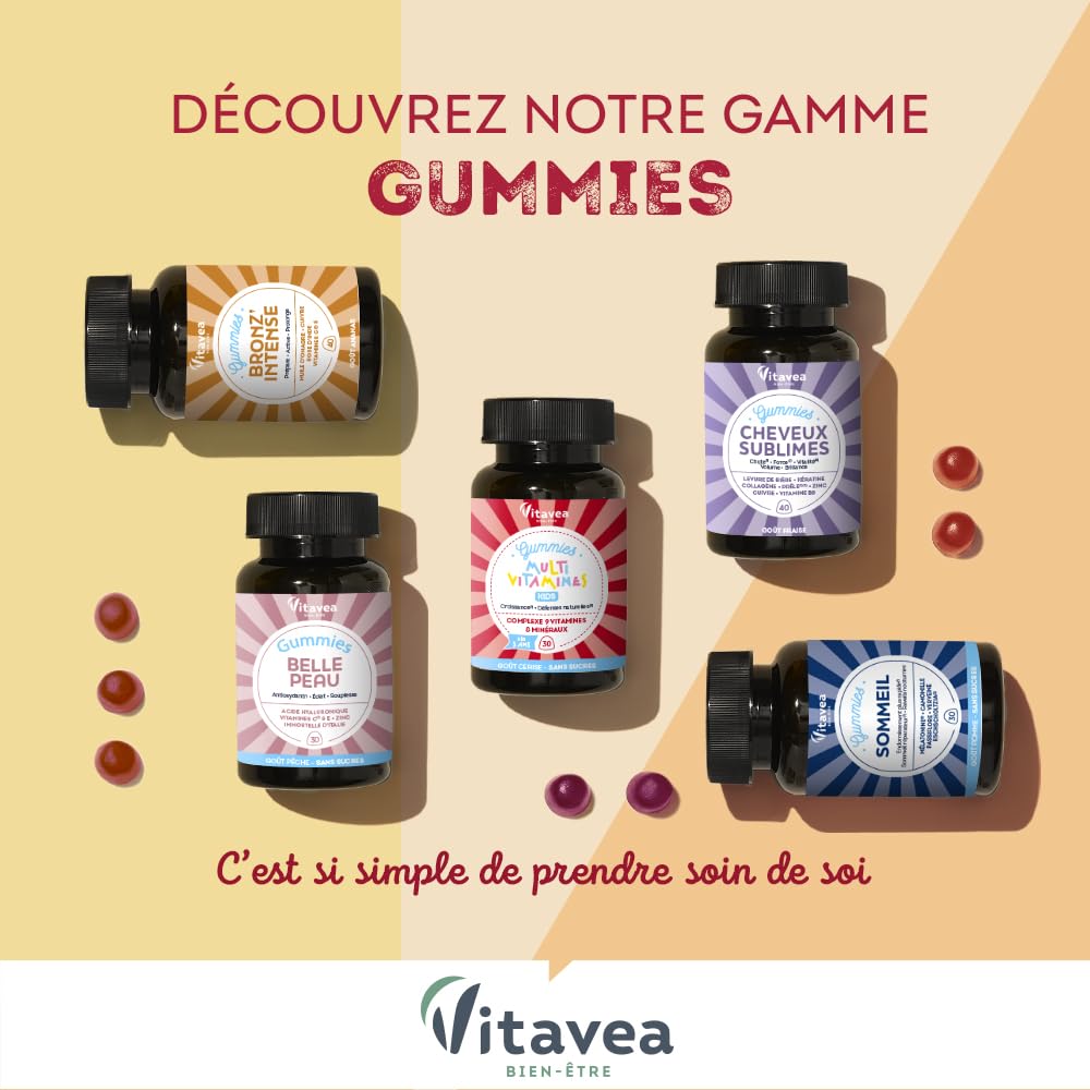 VITAVEA BIEN-ETRE - Gummies Belle Peau - Acide hyaluronique, Vitamine C, Vitamine E, Zinc et Immortelle d'Italie - Triple action : Antioxydant, éclat, souplesse de la peau - 30 Gummies - Goût pêche