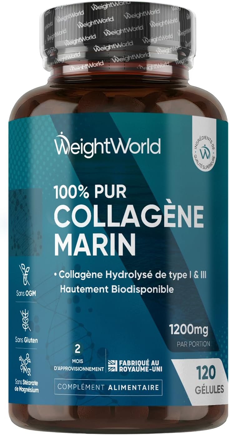 Collagene Marin Gelules Pur Type 1 & 3, 120 Gélules Multi-Usages, Peptide de Collagene Marin Hydrolysé, 1200mg sans Additifs ni OGM, sans Gluten ni Stéarate de Magnésium, 2 Mois d'Approvisionnement