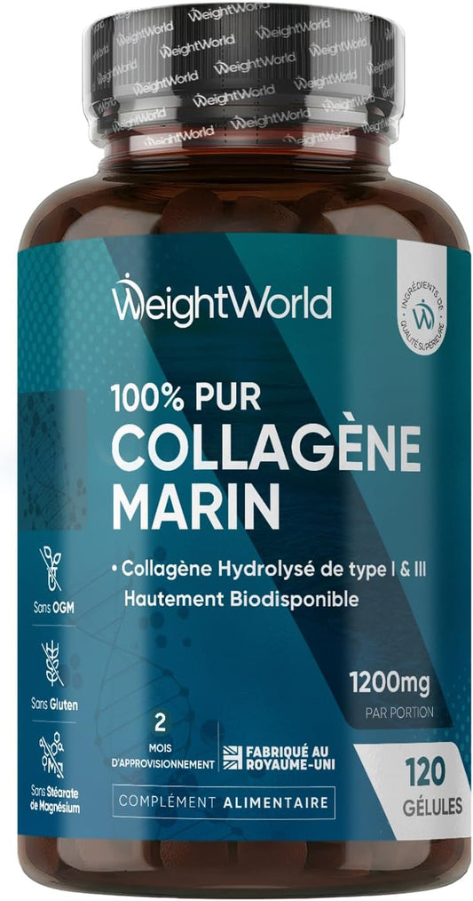 Collagene Marin Gelules Pur Type 1 & 3, 120 Gélules Multi-Usages, Peptide de Collagene Marin Hydrolysé, 1200mg sans Additifs ni OGM, sans Gluten ni Stéarate de Magnésium, 2 Mois d'Approvisionnement