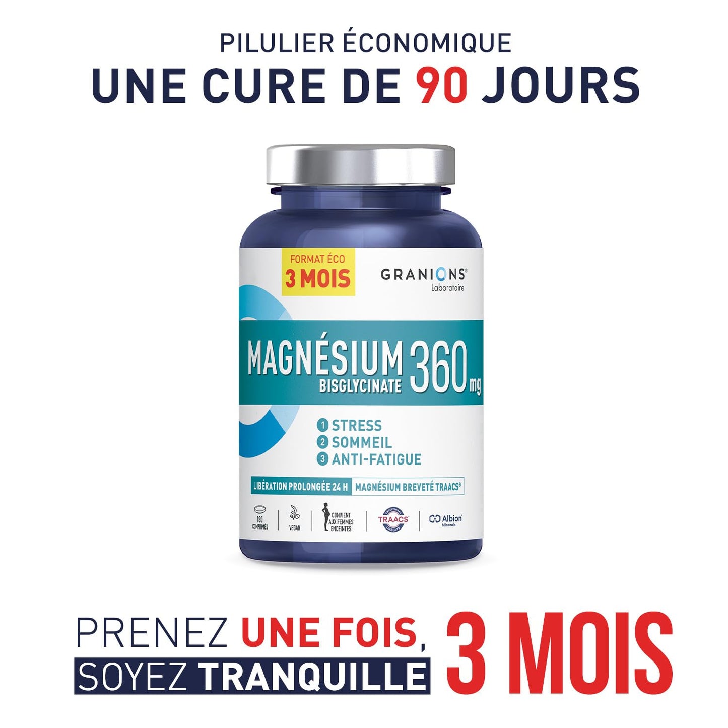 GRANIONS Magnesium Bisglycinate 360 MG - Magnesium Bisglycinate Haute Assimilation + Vitamine B6 - Anti Stress Adulte, Anti Fatigue Puissant - Sans Sucre & Vegan - 10 Shots - Goût Framboise