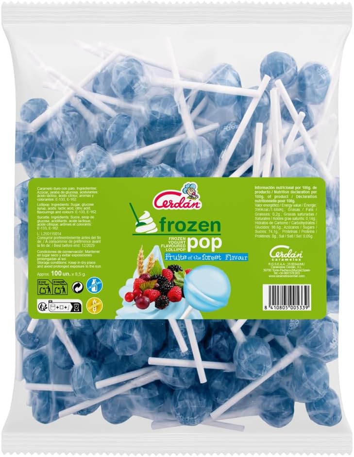 Caramelos Cerdán - Sucette au goût yaourt aux fruits des bois Frozen Pop | Bonbon dur sans gluten ni allergènes | Sachet de 100 unités | Idéal pour fêtes, événements et anniversaires