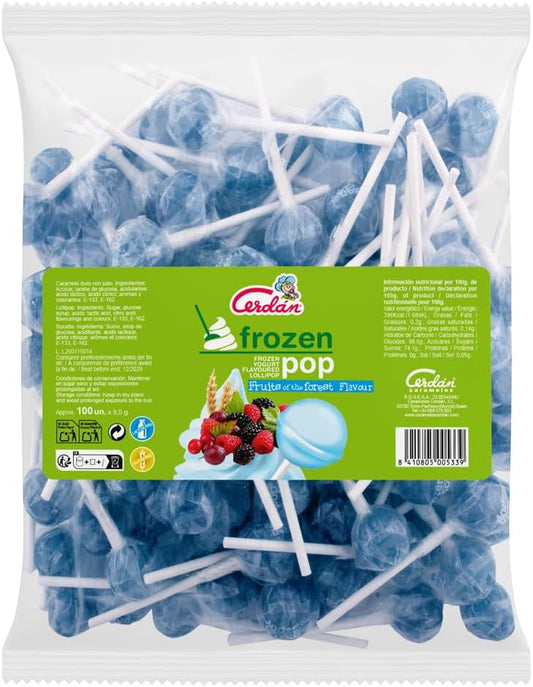 Caramelos Cerdán - Sucette au goût yaourt aux fruits des bois Frozen Pop | Bonbon dur sans gluten ni allergènes | Sachet de 100 unités | Idéal pour fêtes, événements et anniversaires