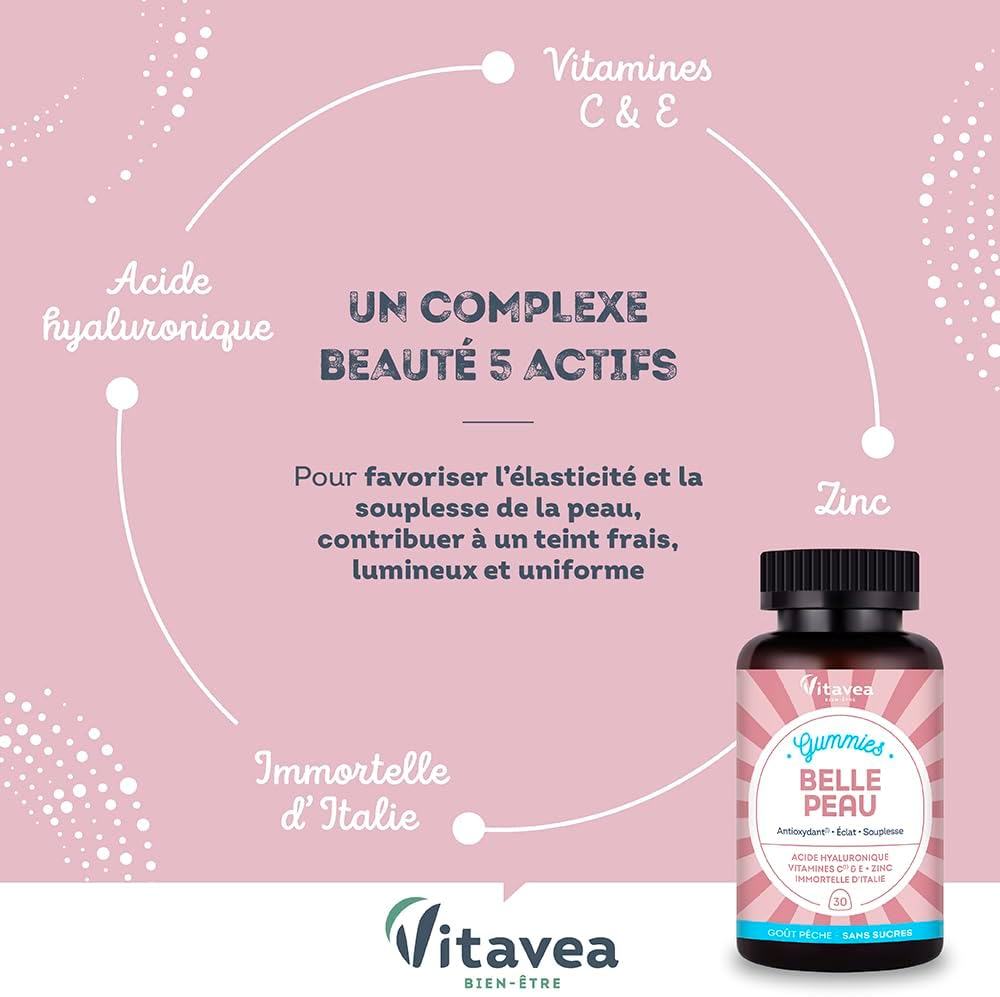 VITAVEA BIEN-ETRE - Gummies Belle Peau - Acide hyaluronique, Vitamine C, Vitamine E, Zinc et Immortelle d'Italie - Triple action : Antioxydant, éclat, souplesse de la peau - 30 Gummies - Goût pêche
