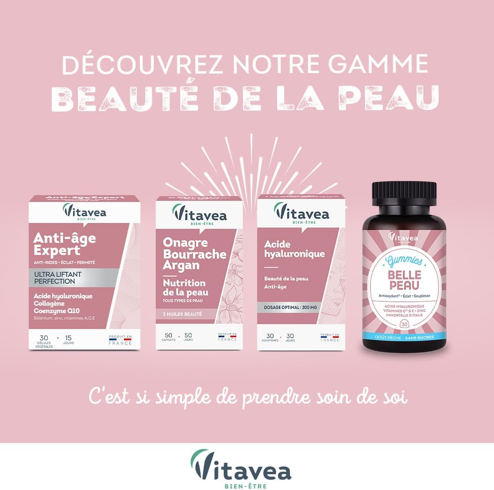 Vitavea - Antiedad/Arrugas Expert Ultra Lifting - Complemento Alimenticio Luminosidad, Firmeza - Ácido Hialurónico, Colágeno, Coenzima Q10, Zinc - 30 cápsulas - Tratamiento de 15 días - Fabricado en Francia