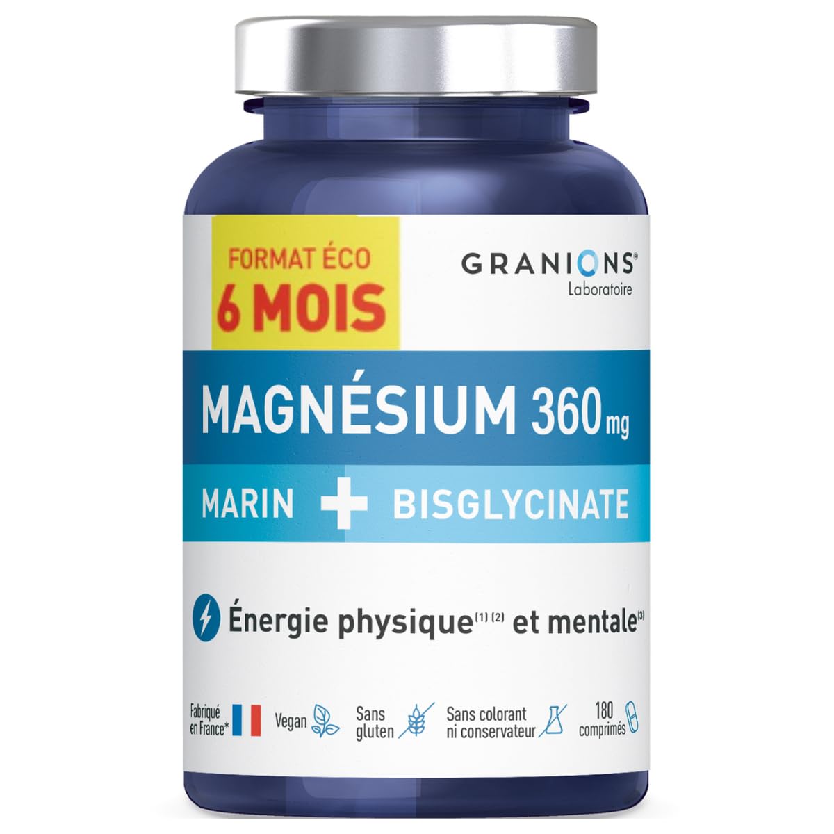 GRANIONS Magnesium Bisglycinate 360 MG - Magnesium Bisglycinate Haute Assimilation + Vitamine B6 - Anti Stress Adulte, Anti Fatigue Puissant - Sans Sucre & Vegan - 10 Shots - Goût Framboise