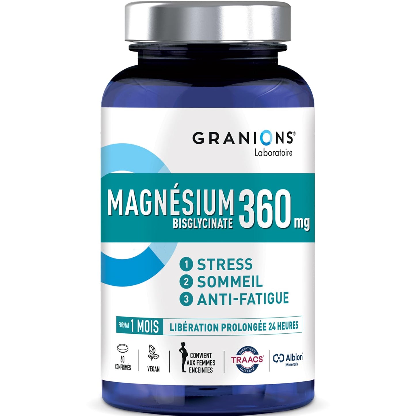 GRANIONS Magnesium Bisglycinate 360 MG - Magnesium Bisglycinate Haute Assimilation + Vitamine B6 - Anti Stress Adulte, Anti Fatigue Puissant - Sans Sucre & Vegan - 10 Shots - Goût Framboise