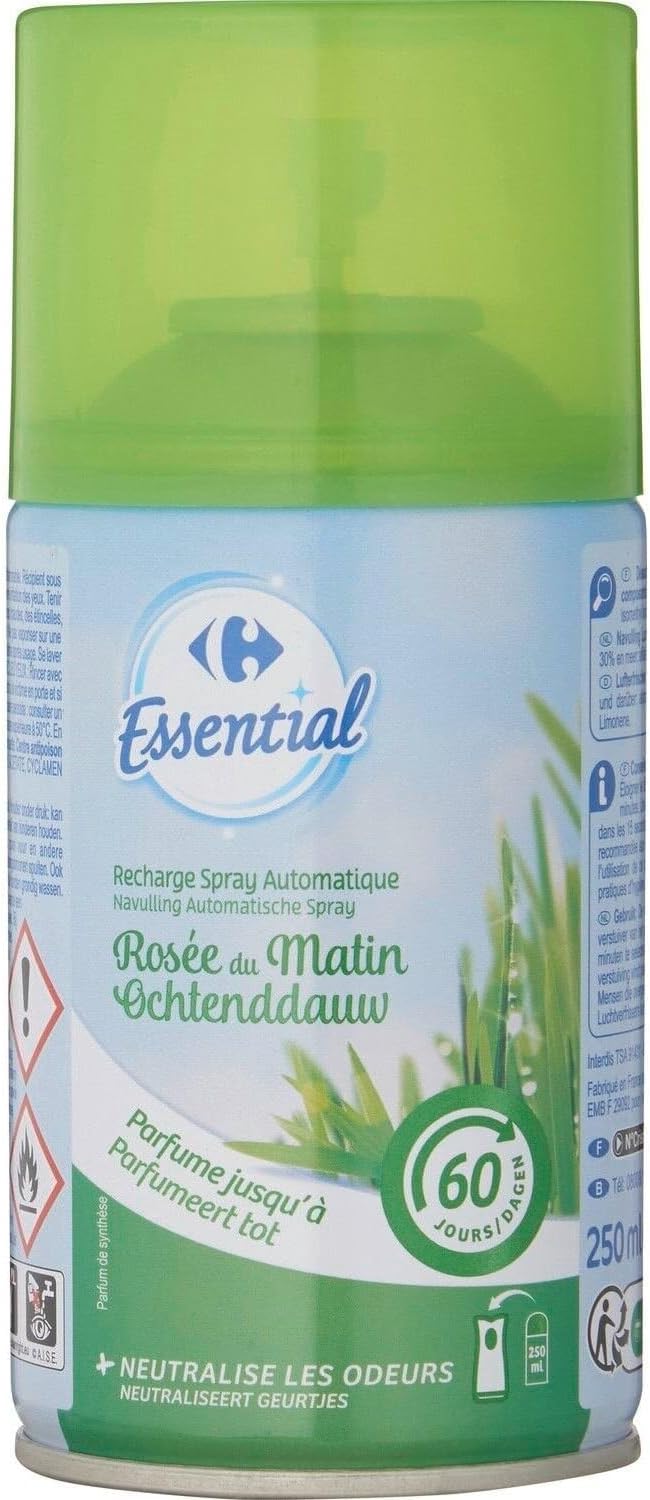 CARREFOUR ESSENTIAL Désodorisant Recharge Rosée du Matin, diffuseur spray 250 mL - Lot de 4