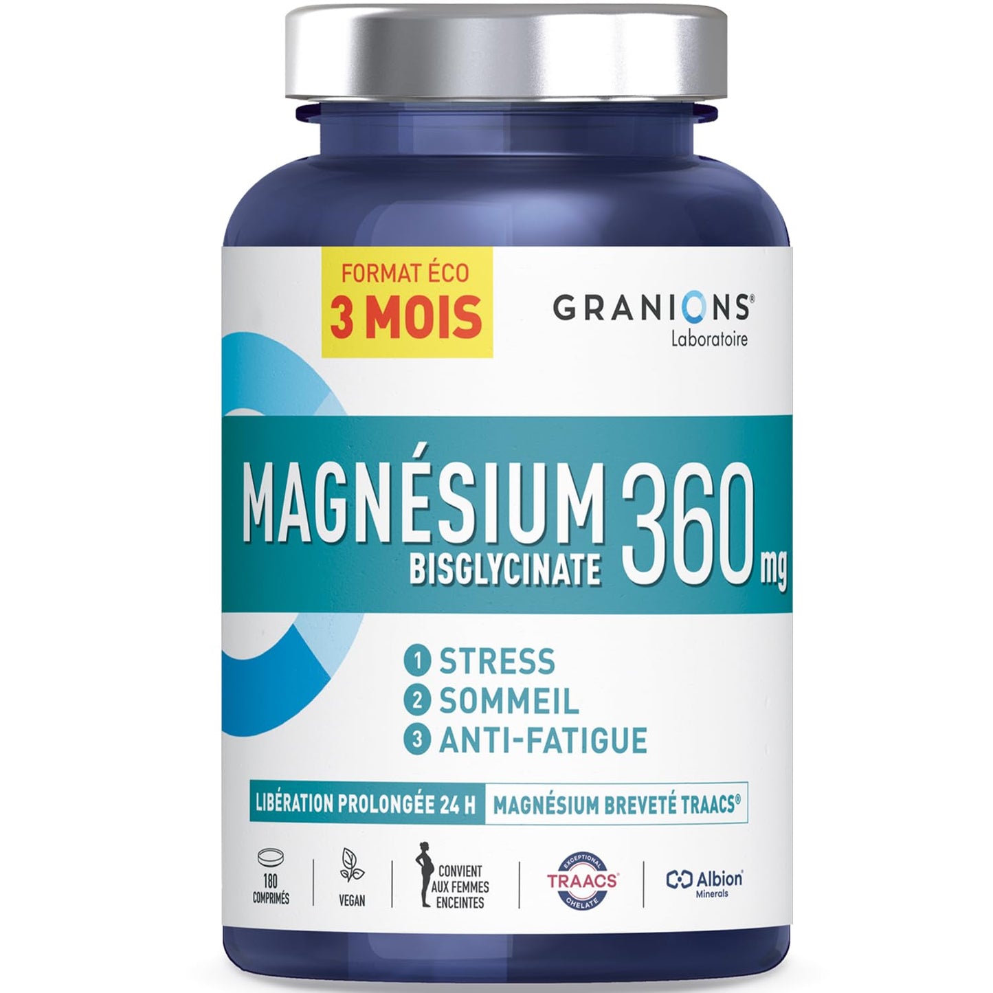 GRANIONS Magnesium Bisglycinate 360 MG - Magnesium Bisglycinate Haute Assimilation + Vitamine B6 - Anti Stress Adulte, Anti Fatigue Puissant - Sans Sucre & Vegan - 10 Shots - Goût Framboise