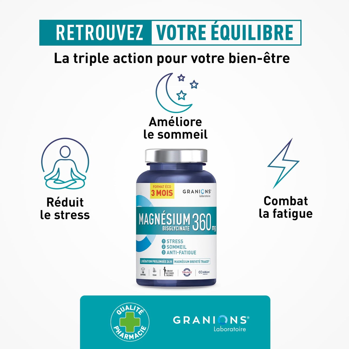 GRANIONS Magnesium Bisglycinate 360 MG - Magnesium Bisglycinate Haute Assimilation + Vitamine B6 - Anti Stress Adulte, Anti Fatigue Puissant - Sans Sucre & Vegan - 10 Shots - Goût Framboise