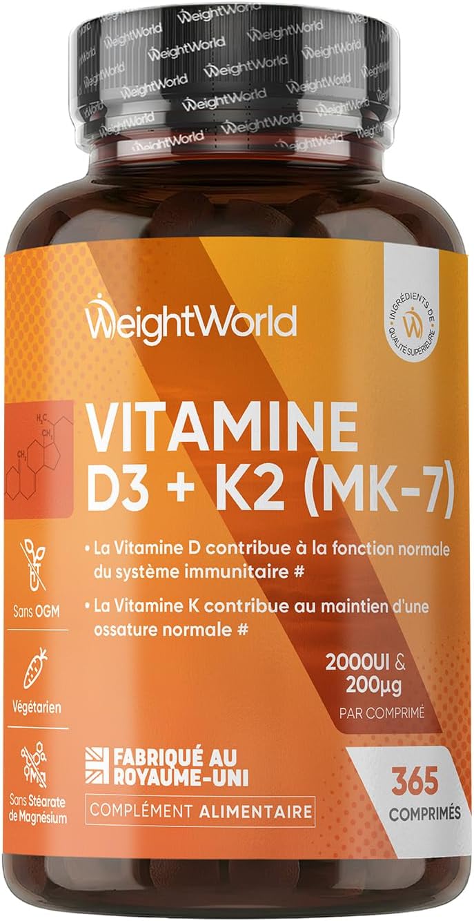 Vitamine D3 K2 MK7, 365 Micro-Comprimés Végétariens, Vit D3 2000UI & K2 MK7