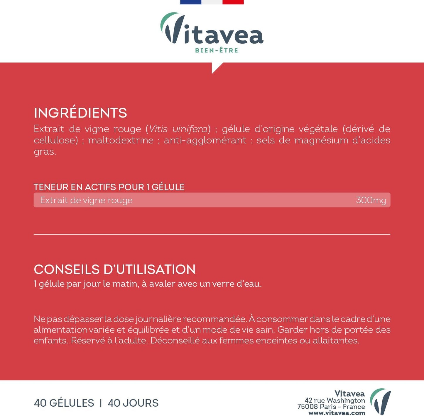 Vitavea Bien-être - Vigne Rouge 300mg - Circulation - 40 jours