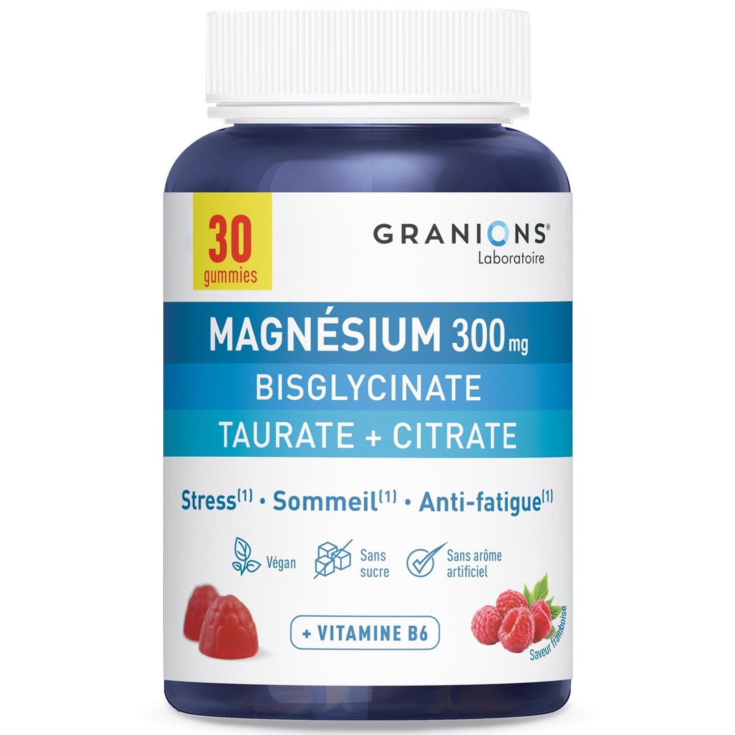 GRANIONS Magnesium Bisglycinate 360 MG - Magnesium Bisglycinate Haute Assimilation + Vitamine B6 - Anti Stress Adulte, Anti Fatigue Puissant - Sans Sucre & Vegan - 10 Shots - Goût Framboise