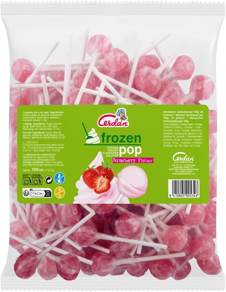 Caramelos Cerdán - Sucette au goût yaourt à la fraise Frozen Pop | Bonbon dur sans gluten ni allergènes | Sachet de 100 unités | Idéal pour fêtes, événements et anniversaires